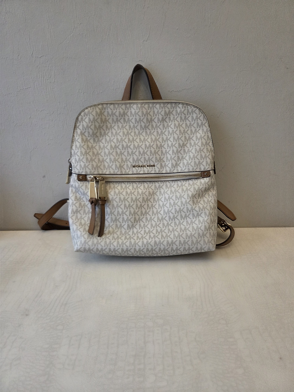 Michael Kors Rhea Medium Slim Logo Backpack Vanilla Acorn MK Signature
